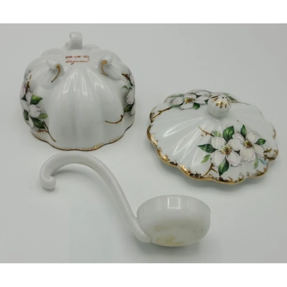 Vtg Dogwood Footed Guilded Serving‎ Mayonnaise Sugar Bowl Lid Spoon NW-DW-60
